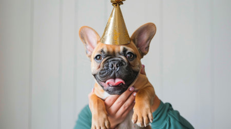 A small dog joyfully wears a shiny gold party hat, adding a festive touch to the scene.の素材
