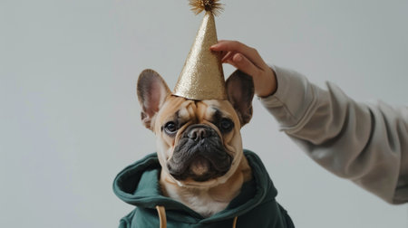 A dog wearing a colorful party hat is being affectionately petted by a person.の素材