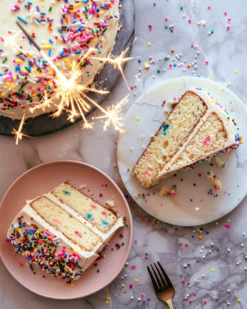 A white cake with colorful sprinkles placed on a pink plate, creating a vibrant and festive dessert.の素材