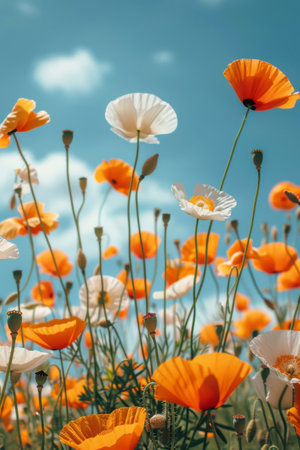A vibrant field filled with a plethora of orange and white flowers blooming under the bright sun.の素材