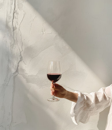 A hand clasping a stemmed glass filled with red wine, showing a rich burgundy hue against a neutral background.の素材