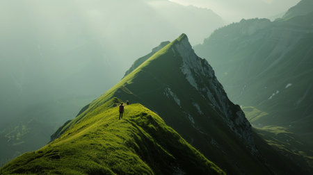 A diverse group of individuals standing at the summit of a mountain, taking in the view and celebrating their achievement.の素材