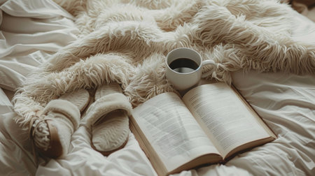 A cup of coffee and a book placed on a neatly made bed.の素材