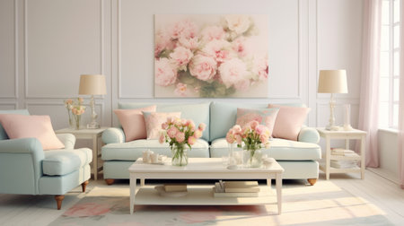 A beautifully decorated living room, adorned with pastel-colored cushions, throws.の素材