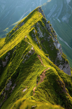 A person stands at the peak of a verdant mountain, looking out over the landscape below.の素材
