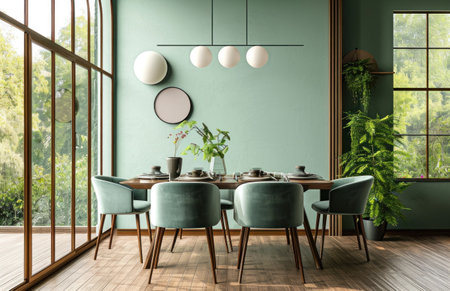 a dining room decorated with light green walls and furniture.の素材