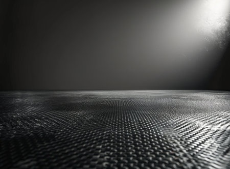 A dark room illuminated by a single light source, casting a beam of light onto the floor.の素材