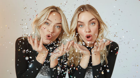 Two women are playfully making faces by contorting their hands in a humorous manner.の素材