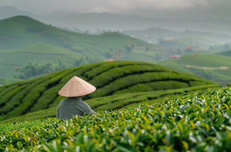 A person wearing a hat stands amidst lush green tea bushes in a vast field. The individual appears to be observing or working among the rows of tea plants under the clear sky.の素材