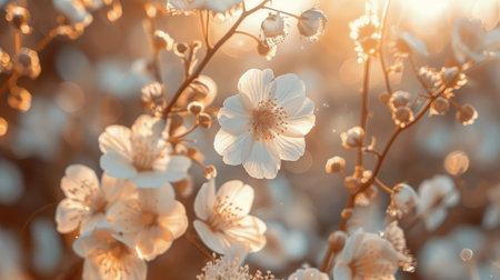 Detailed view of white flowers blooming on a branch, showcasing delicate petals and green leaves in sharp focus.の素材