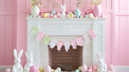 Pastel Bunny Banners and Egg Accents Adorn Festive Fireplace Display.の素材