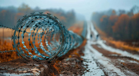 A barbed wire fence running parallel to a road, creating a boundary and providing security.の素材