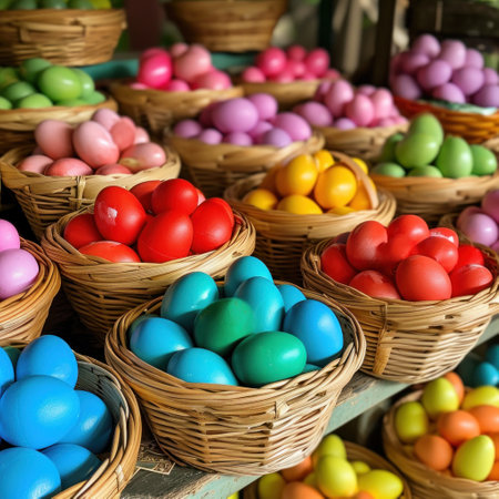 Baskets Filled with Colorful Eggs Galore.の素材