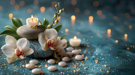 A tidy stack of soft towels sits next to a flickering candle, creating a cozy atmosphere.の素材