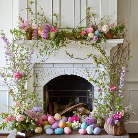 Colorful Eggs and Spring Florals Frame Fireplace.の素材