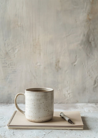 A cup of coffee and a notebook placed on a neatly made bed.の素材