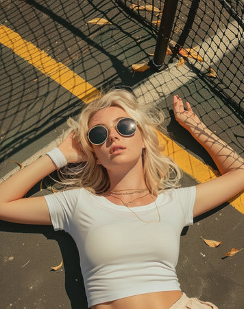 Woman in sunglasses lying on the floor.の素材