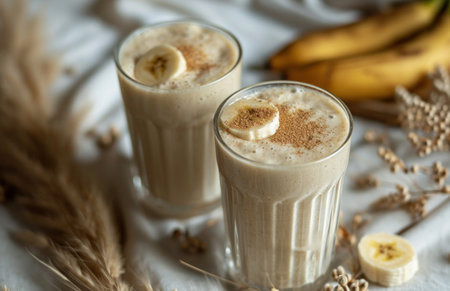a vegan banana smoothie is shown in glasses.の素材