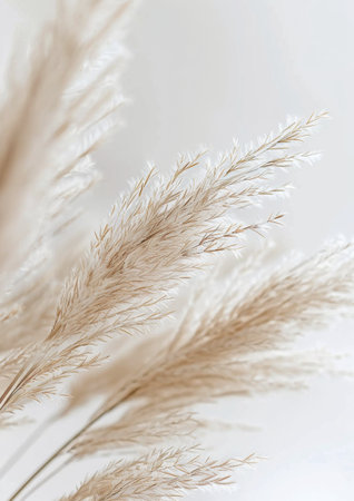 Detailed close-up view of dry grass blades against a white backdrop.の素材