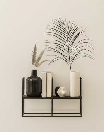 A shelf displaying various vases and plants standing next to a wall in a room.の素材