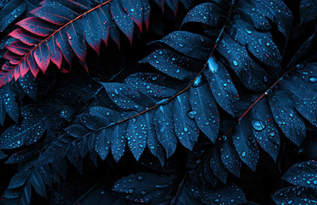 blue leaf with rain droplets in the background.の素材