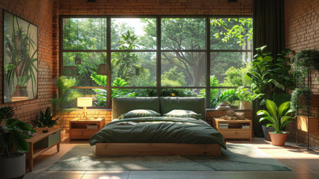 A bedroom featuring a spacious bed dominating the room, surrounded by numerous potted plants of various sizes and shapes. The greenery adds a lively and refreshing touch to the otherwise simple and inviting space.の素材