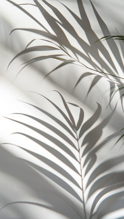 A palm leaf is casting a shadow on a wall, creating an intriguing pattern of light and dark contrasts.の素材
