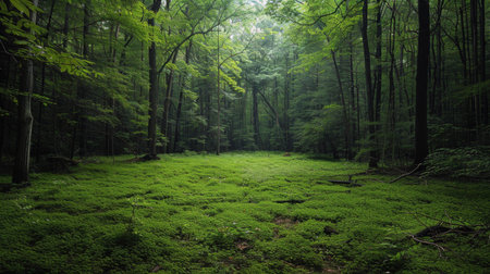 Dense forest covered in thick fog, creating a mysterious and eerie atmosphere. Trees shrouded in mist, blending into the gray backdrop.の素材
