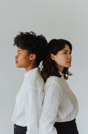 Two women standing side by side in front of a white wall.の素材