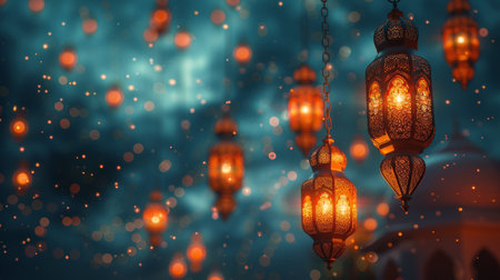 Two lights suspended from a white ceiling, casting a warm glow in a room.の素材