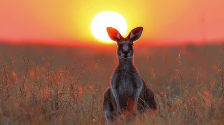 A kangaroo stands tall amidst a field of towering grass, surveying its surroundings with alertness and curiosity. The marsupials powerful hind legs and distinctive silhouette are highlighted against the verdant backdrop.の素材