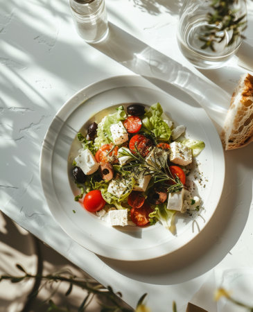 A white plate with a colorful salad, topped with dressing, placed next to a glass of red wine on a wooden table.の素材