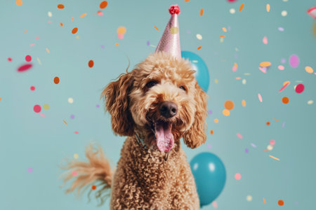 A brown dog is wearing a party hat and surrounded by colorful balloons and confetti.の素材