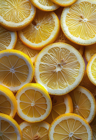 A stack of freshly sliced lemons neatly arranged on top of each other.の素材