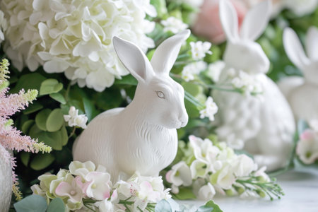 Adorable Rabbit Figurines Amidst Fresh Spring Flower Arrangements.の素材