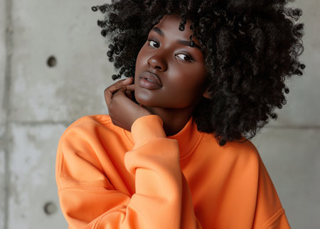 a woman wearing an orange sweatshirt.の素材