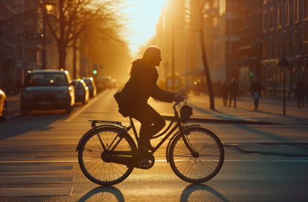 woman cycle on city street.の素材
