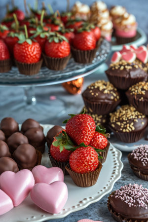 Decadent chocolates, strawberries, and heart-shaped desserts.の素材