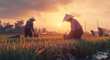 these farmers work with their hands in the field at sunset.の素材