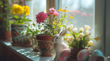 Potted Blooms, Easter Eggs, and Miniature Bunny Decor.の素材