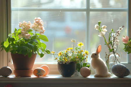 Potted Blooms, Easter Eggs, and Miniature Bunny Decor.の素材