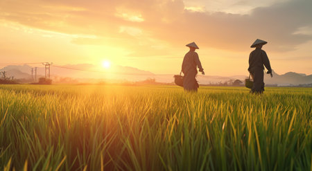 three men walking along the rice field at sunrise.の素材