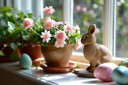 Potted Blooms, Easter Eggs, and Miniature Bunny Decor.の素材