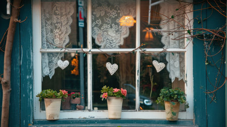 Heart garlands, lace curtains, and blooming potted flowers.の素材