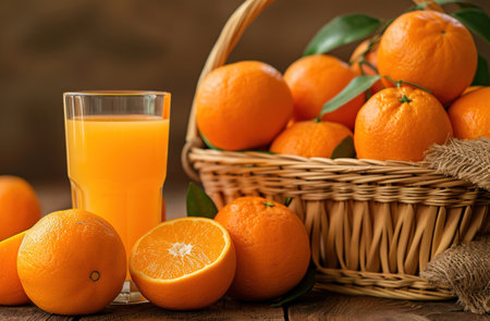 a picture of a basket full of ripe tangerine oranges and a glass of orange juice.の素材
