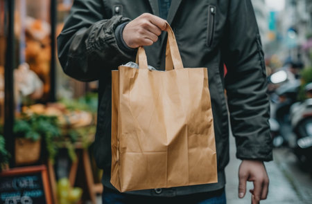 a man is holding a brown paper bag in front of customers.の素材
