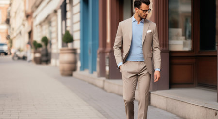 a blue suit and tan pants on the street.の素材