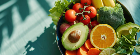 a bowl contains several types of vegetables and fruits.の素材