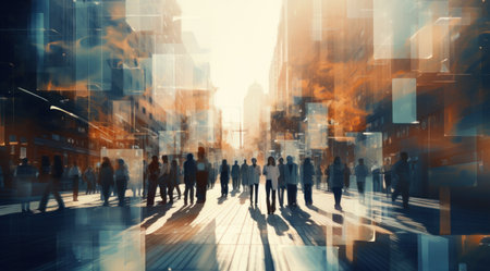 a crowd of people walking along an urban street.の素材