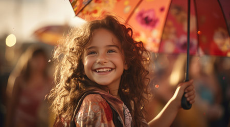 a young girl holding an umbrella in a crowd at a festival.の素材